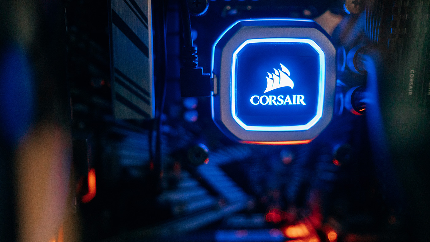 A close-up picture of a Corsair logo.